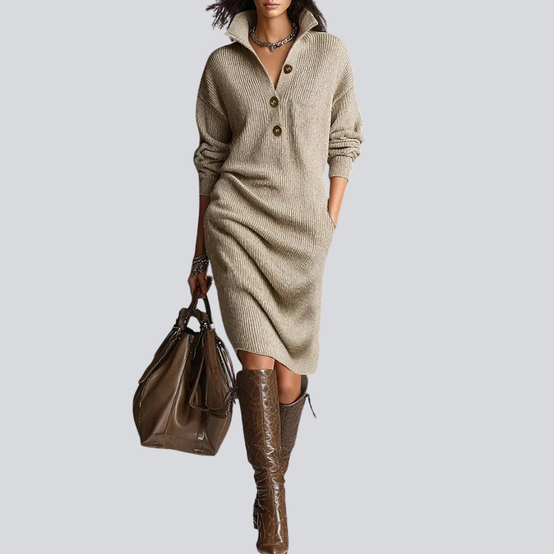 Lorena – Robe en maille avec col et boutons