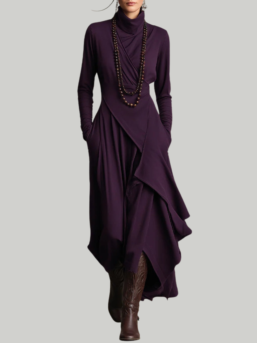 Sandra | Robe maxi plissée asymétrique à col montant violet