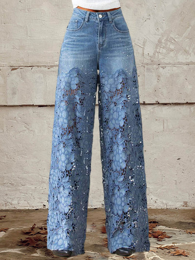 Séraphine | Jean évasé en denim avec incrustations dentelle florale