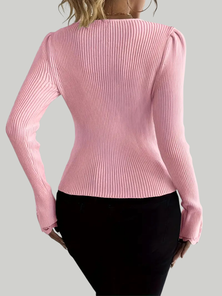 Pull Côtelé Chic à Décolleté en V et Finitions en Dentelle