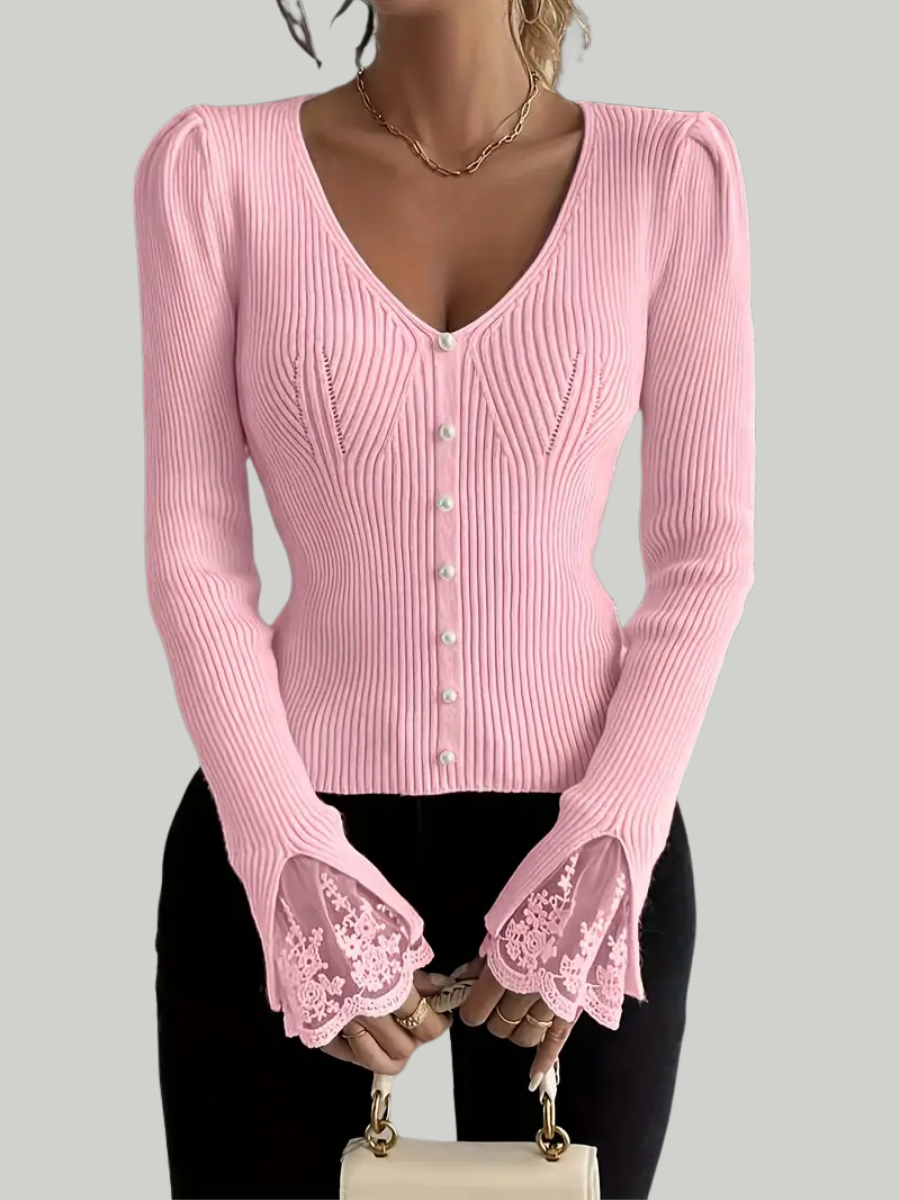 Pull Côtelé Chic à Décolleté en V et Finitions en Dentelle