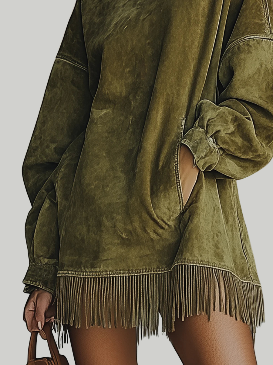 Robe en microfibre suédée avec ourlet frangé