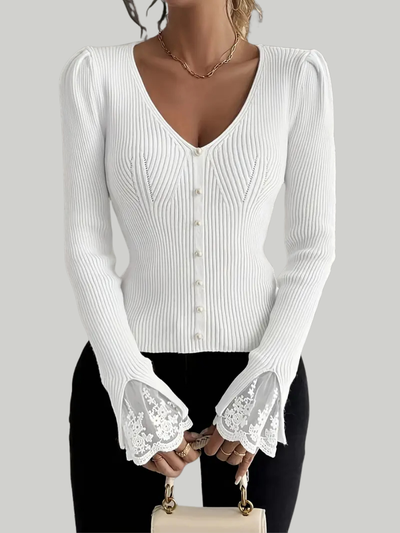 Pull Côtelé Chic à Décolleté en V et Finitions en Dentelle