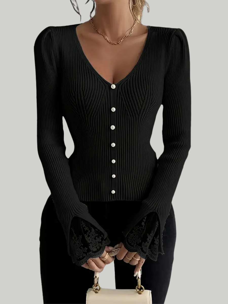 Pull Côtelé Chic à Décolleté en V et Finitions en Dentelle
