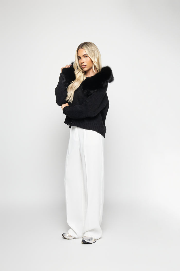 Romaine | Gilet en maille avec capuche en fausse fourrure