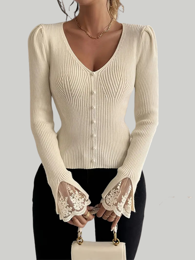 Pull Côtelé Chic à Décolleté en V et Finitions en Dentelle