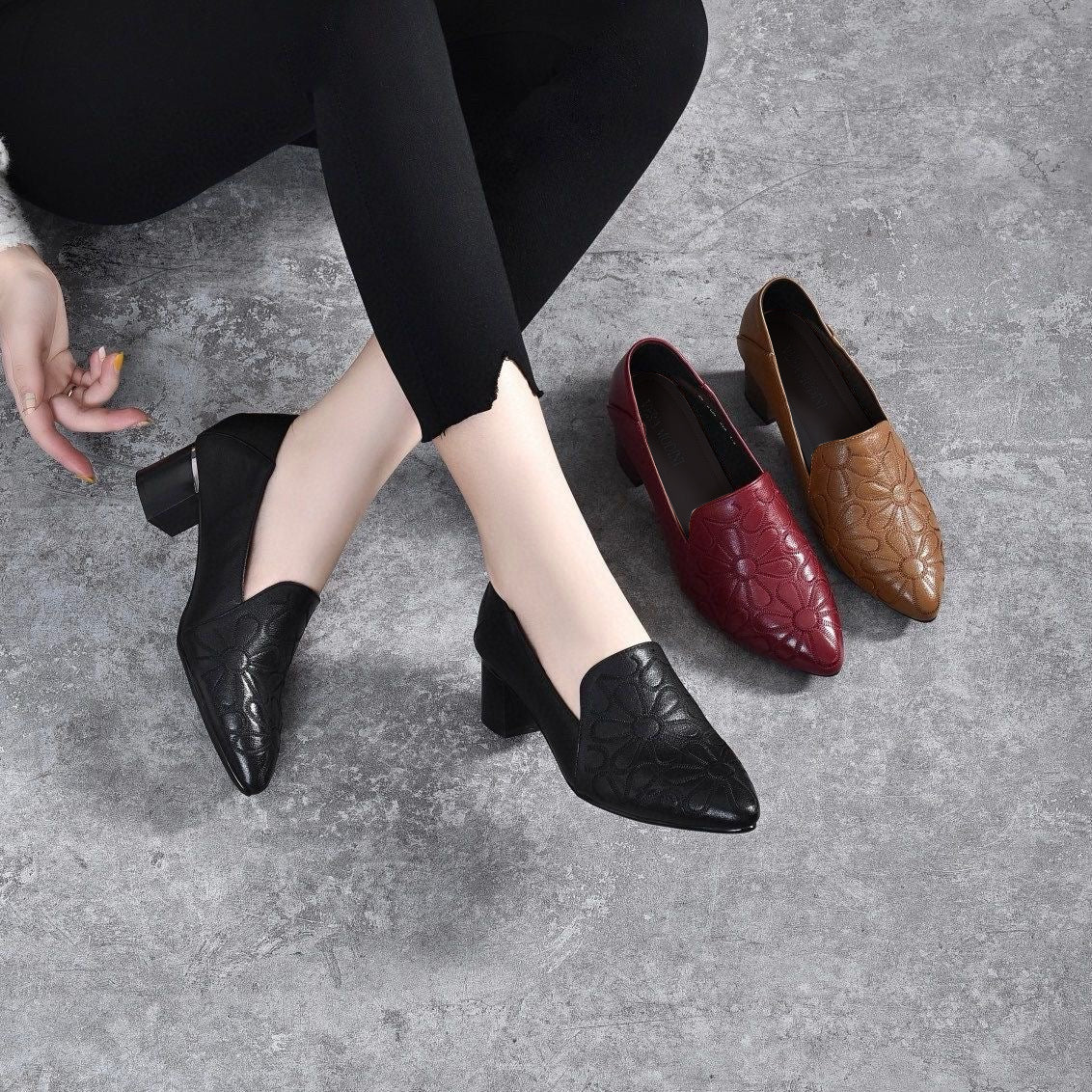 Margaux | Escarpins en cuir brodés avec semelle intérieure rembourrée