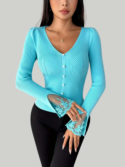 Pull Côtelé Chic à Décolleté en V et Finitions en Dentelle